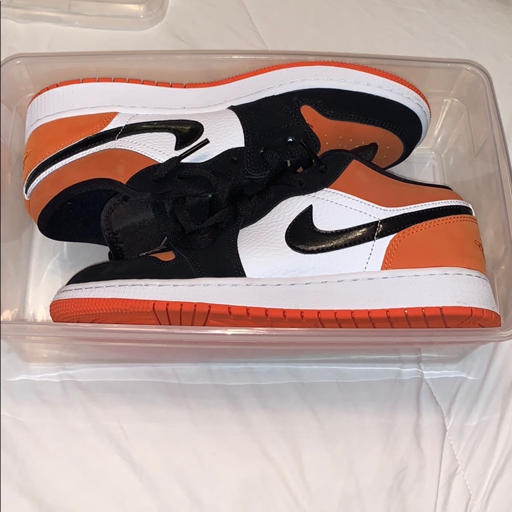 Low Air Jordan 1s- orange black and white